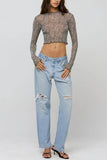 Sheer Polka Dot Mock Neck Crop Top