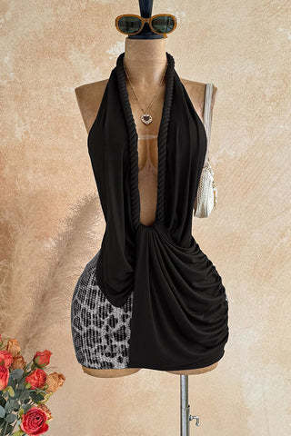 Rope Trim Halter Ruched Sequin Mini Dress