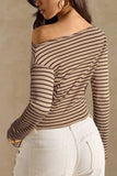 Striped One-Shoulder Ribbed Long Sleeve Top