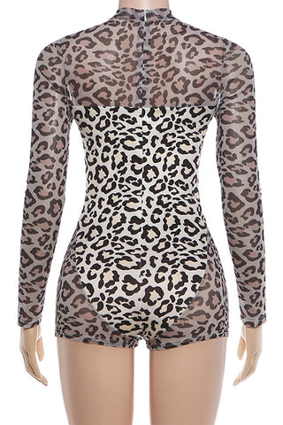 Sheer Mesh Mock Neck Leopard Romper