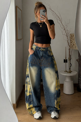 Graphic Plaid Wide Leg Jeans