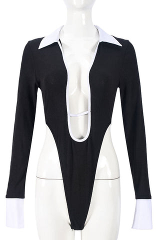 Contrast Collar Deep V-Neck Ribbed Bodysuit