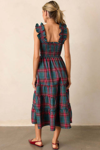 Plaid Ruffle Square Neck Midi Dress