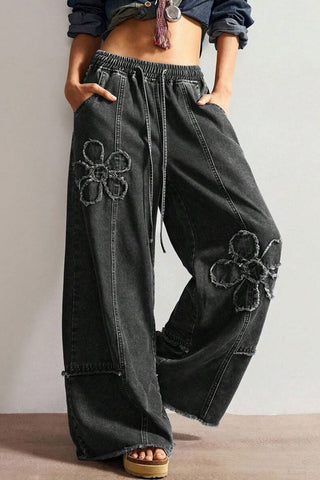 Floral Applique Drawstring Wide Leg Baggy Jeans