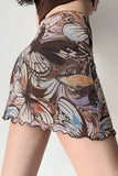 Butterfly Print Sheer Ruched Mini Skirt