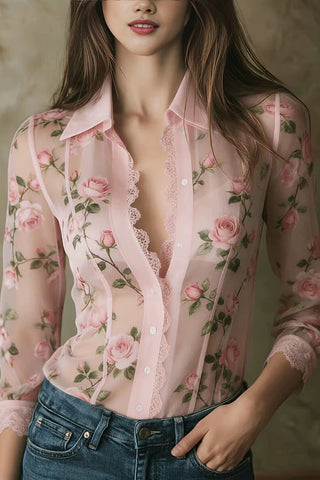 Sheer Floral Lace Trim Button-Front Blouse