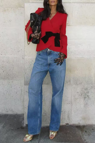 Elegant Wrap Blazer with Bow Accent