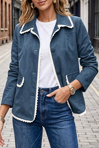 Scalloped Lace Trim Suede Jacket
