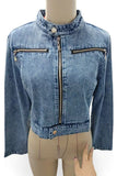 Zippered Collarless Crop Denim Jacket