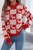 Reindeer Checkered Crew Neck Knit Sweater