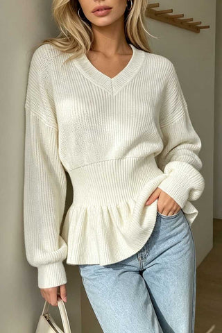 V-Neck Ribbed Peplum Sweater