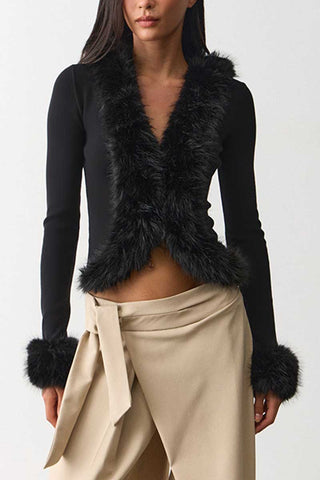 Faux Fur Trim V-Neck Crop Top
