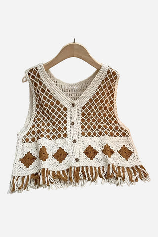 Crochet Button Front Fringe Vest