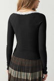 Lace Trim Ribbed Henley Long Sleeve Top