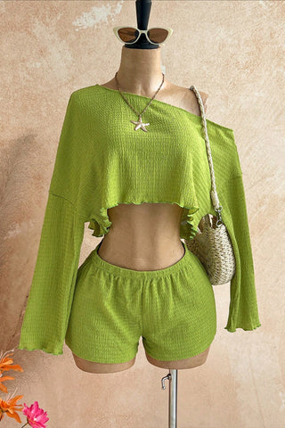Off-Shoulder Striped Long Sleeve Short Set