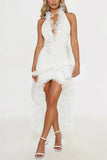 Ruched Halter Ruffle High-Low Casual Dress