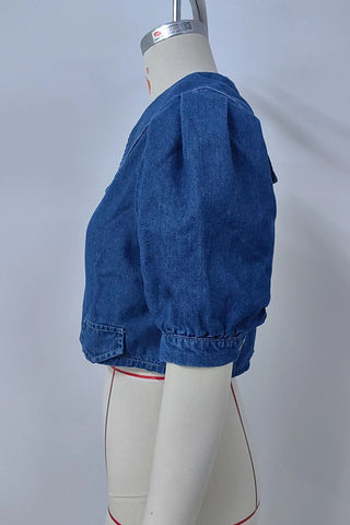 Puff Sleeve Collared Crop Denim Jacket