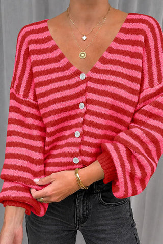 Striped V-Neck Button-Front Knit Cardigan