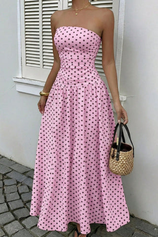 Polka Dot Strapless Ruched Maxi Dress