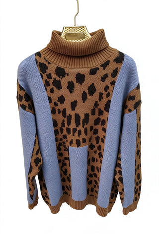 Leopard Print Turtleneck Knit Sweater