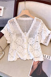 Crochet V-Neck Short Sleeve Blouse