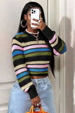 Striped Ribbed Knit Crew Neck Crop Sweater