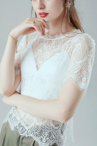 Sheer Floral Lace Flutter Sleeve T-Shirt