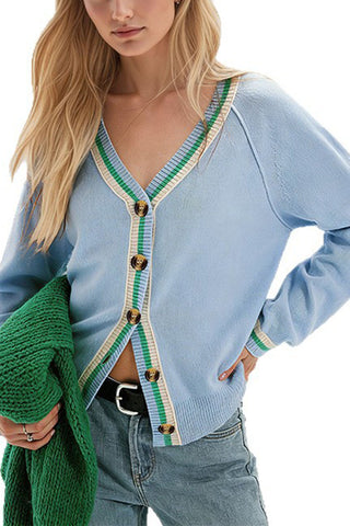 Striped Trim V-Neck Button Cardigan