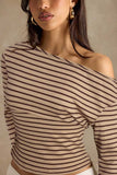 Striped One-Shoulder Ribbed Long Sleeve Top