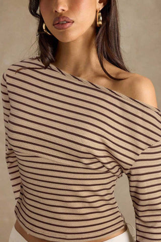 Striped One-Shoulder Ribbed Long Sleeve Top