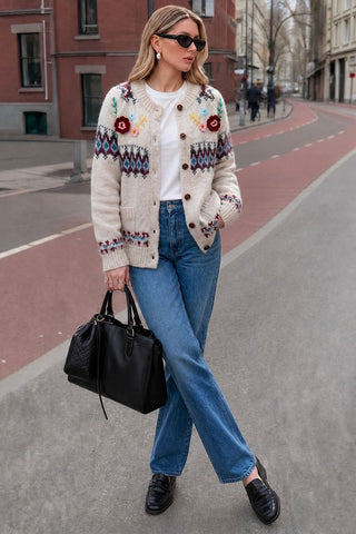Floral Applique Fair Isle Knit Cardigan