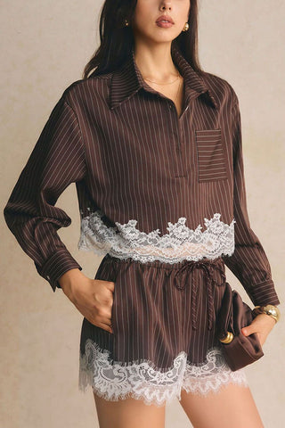 Striped Lace Trim Crop Top and Shorts Set