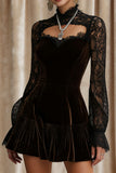 Lace Sleeve Mock Neck Velvet Mini Dress
