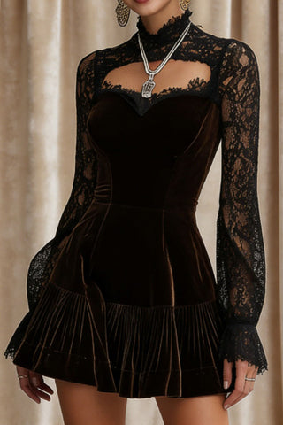 Lace Sleeve Mock Neck Velvet Mini Dress