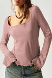 Square Neck Long Sleeve Ruffle Hem Top
