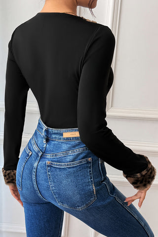 Leopard Trim V-Neck Bodysuit