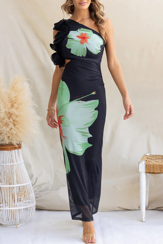Floral Print One-Shoulder Maxi Dress