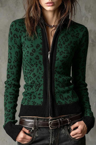 Leopard Print Zip-Up Knit Jacket