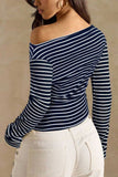 Striped One-Shoulder Ribbed Long Sleeve Top