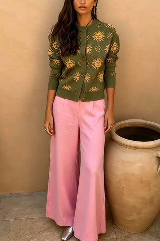 Sun Print Knit Cardigan and Wide-Leg Pants Set