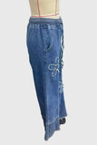 Floral Applique Drawstring Wide Leg Baggy Jeans