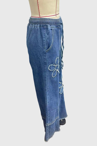 Floral Applique Drawstring Wide Leg Baggy Jeans