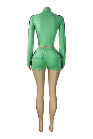 Striped Zip-Up Crop Top and Shorts Set