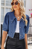 Puff Sleeve Collared Crop Denim Jacket