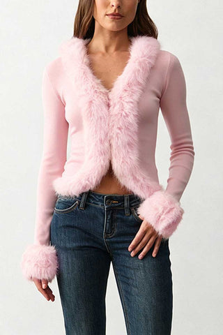 Faux Fur Trim V-Neck Crop Top