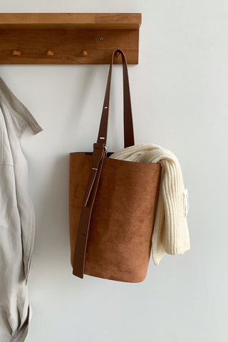Suede Long-Strap Bucket Tote Bag