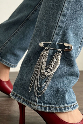 Layered Chain Tassel Safety Pin Brooch
