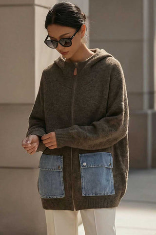 Hooded Zip-Front Denim Pocket Cardigan