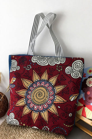 Patterned Tote Bag with Striped Handles