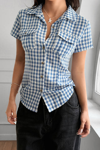 Button-Up Checkered Short Sleeve Top
